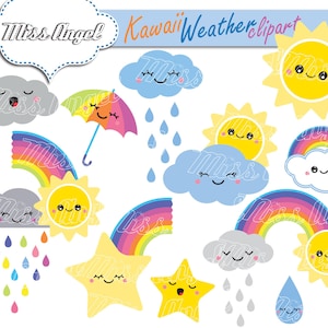Clipart météo kawaii. Mignon météo imprimable 15 fichiers. Arcs-en-ciel colorés 6" clip arts. Nuages imprimables, soleil, gouttes de pluie, étoiles, arcs-en-ciel