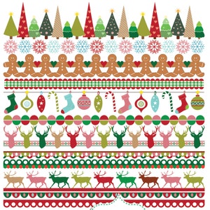 Christmas borders, bunting banners Clip art. Christmas ribbons. Small Commercial Use. Reindeer, Trees, Snowflakes, Gingerbread man