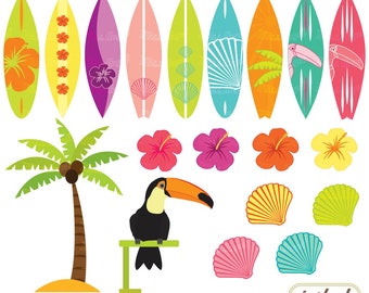 CLIPART SET Summer, Printable Surfboards, Palmtree, Toucan, Shells, Hibiscus. 19 Digital Image 6" Illustrations. Orange, Green, Pink, Yellow