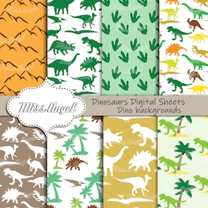 Dinosaurs Digital Sheets. Pack 8 Dino Pattern Sheets. Green, orange, brown. Dinosaurs Boys Kids. Digital Scrap booking printable papers