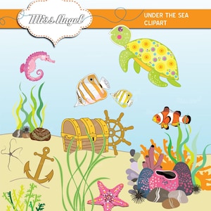 Clipart submarino. Tortuga, pez payaso, peces tropicales, corales, plantas acuáticas y cofre del tesoro. 17 ilustraciones digitales. MissAngelClipArt