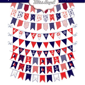 Nautical Clipart, Nautical Bunting Banner clipart, Nautical Digital ribbons. Borders, Anchors, sailboat, steering wheels. Navy, red, white