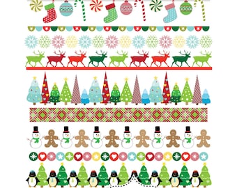 Christmas Borders Red Green, Digital Christmas bunting banners clip art. Commercial Use. Reindeers, Penguins, Snowflakes, Socks
