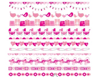 Bandeirinhas para chá de bebê com tema de menina. Bordas rosa, fitas digitais, carrinho de bebê, chupetas, flores e passarinhos. Decoração perfeita para festa de chá de bebê.
