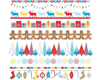 Christmas bunting banners. Christmas Borders, Digital Christmas ribbons Clip art. Small commercial Use. Reindeers, Trees, Snowflakes