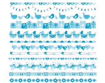 Bordas digitais para bebê menino, fitas digitais azul bebê. Uso comercial. Carrinho de bebê, chupetas, flores, passarinhos, presentes, faixa azul para bebê.
