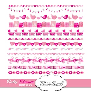 Wimpelkette für Mädchen. Rosa Borders Baby Girl, digitale Schleifen. Kinderwagen, Puppen, Blumen, Vögelchen. Baby-Dusche-Party Dekor