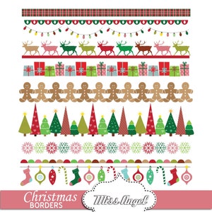 Digital Christmas Borders Clip art, Red Green Blue. Small Commercial Use. Reindeers, Trees, Snowflakes. Christmas bunting banners