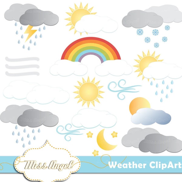 Weather CLIPART. Digital weather illustrations. Printable rainbow, clouds, rain, moon, sun, wind, snow, fog, thunder. Instant Download