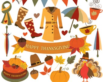Autumn Clipart Thanksgiving Illustrations. Fall Digital Thanks giving: turkey, acorn, pumpkin, raincoat, umbrella, tea cup. Instant download