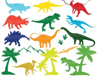 Dinosaur clip art. Digital dinosaurs silhouettes bundle. Bright colors. Printable digital T-Rex, Stegosaurus, Pterodactyl, Velociraptor