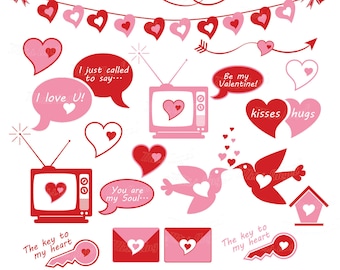 Valentines day vintage CLIPART, 24 love drawings. Retro valentine's clipart. Wedding clipart. TV, arrows, hearts, bunting, birds, love