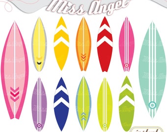 Surfboards CLIPART SET, 12 Scrapbooking Digital Images, Colorful Surfboards 6" Digital Illustrations, by MissAngelClipArt