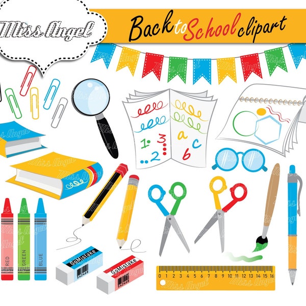 Back to school CLIPART. School supplies clip art. School illustrations. Scissors, pencils, pen, books, brush, notebook, erasers, ruler, clip