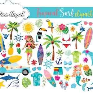 Tropical Surf Clipart bundle. Beach party clipart. Small Commercial Use. PNG bundle. Hawaii, surfboards, bikini, sharks, hibiscus, toucan