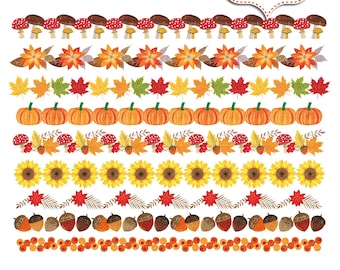 Fall digital borders. Autumn borders clip art. Autumn bunting banners. Fall ribbons. Leaves, pumpkins, sunflower, mushroom. Party decor