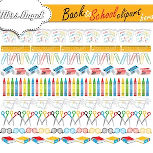 Zurück in die Schule CLIPART Grenzen. Schuleinfassungen. Schulbedarf Wimpelkette. Schulbanner. Scheren, Bücher, Notizbuch, Radiergummis, Lineal, Rahmen