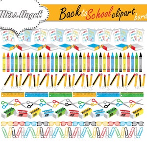 Clipart di bordi scolastici. Bordi per il ritorno a scuola. Bandierine per materiale scolastico. Striscioni scolastici. Forbici, libri, quaderni, gomme, righello, bordi.