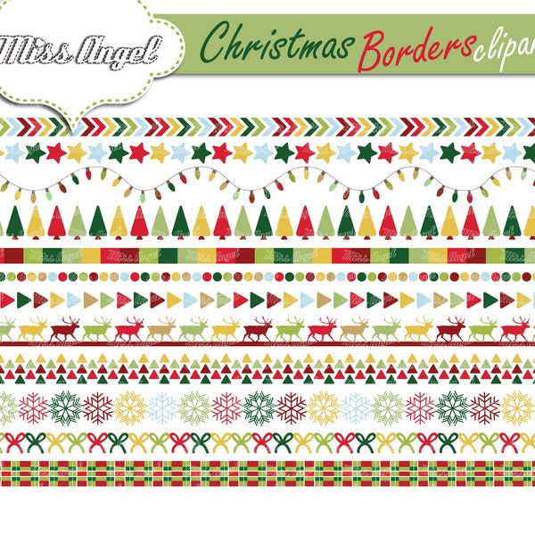 Christmas Borders Clipart, Borders Clip Art set. Digital Christmas bunting banners, Green Red. Small Commercial Use. Reindeer, Snowflake