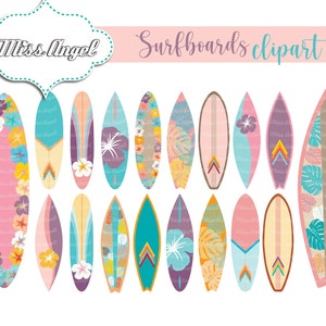 Conjunto de imágenes prediseñadas de tablas de surf hawaianas: 18 tablas de surf digitales. Tablas de surf playeras coloridas para imprimir. Tabla de surf con flores de hibisco. Imágenes prediseñadas digitales de surf.