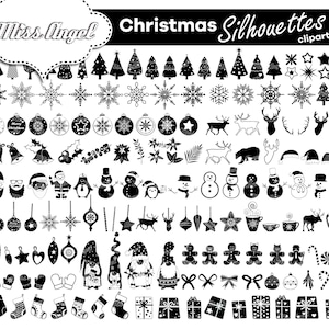 Kerstsilhouetten clipart. Zwart-wit digitale kerstclipartbundel. Klein commercieel gebruik. Rendieren, bomen, sneeuwvlokken, kabouters