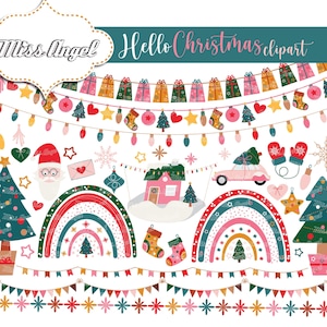 Weihnachts-cliparts. Weihnachtliche Borten. Süße digitale Weihnachts Clip Art, Wimpelketten. Weihnachtsmann, Baum, Geschenke Clipart PNG. Kommerzielle Nutzung
