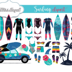 Surf Clipart. Summer Surfing Clip Art. Digital Surfboard, Palm tree, Wet suits, Bikini. Hawaii Surf gear. Hawaii surfer clipart. Beach surf