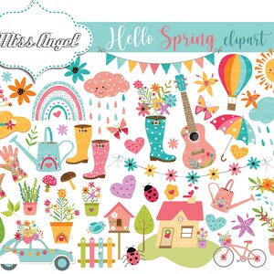 Kolorowy wiosenny clipart Cyfrowy zestaw. Wiosenne i kwiatowe clipart. Małe zastosowanie komercyjne. Pakiet PNG. Wiosenne kwiaty, ptaki, Garden Mothers Day