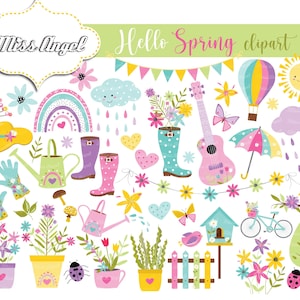 Kolorowy zestaw wiosennych clipartów. Uroczy wiosenny i kwiatowy zestaw clipartów. Małe zastosowanie komercyjne. PNG. Wiosenne kwiaty, ptaki. Garden Mothers Day