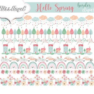 Spring borders clipart. Cute rainbows, houses, car, bike, flowers, trees, clouds. Chic Spring banner. Spring Baby Shower, Mothers Day Garden