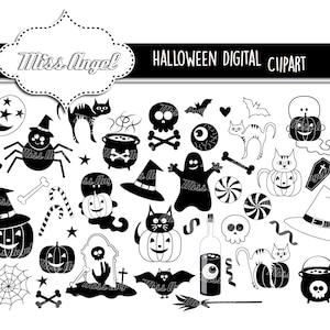 Halloween cute clipart silhouettes. Pumpkin, candy, bat, spider, ghost, witch broom, graveyard, cat. Digital Halloween party décor clip art