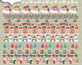 Nordic Christmas borders. Christmas bunting banners. Digital Christmas Borders Clip art. Small Commercial Use. Houses, Trees, Snowflakes