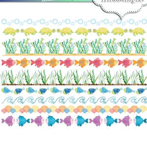 May include: A set of 8 colourful digital clipart borders featuring underwater themes. The borders include sea turtles, seaweed, fish, seashells, and waves. The text "Under the Sea borders clipart" is at the top of the image.
