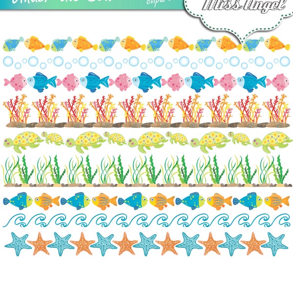 Under the sea borders clipart. Fish and corals digital ribbons. Fish banners, borders. Shells, fish, coral, turtles, waves, sea stars border