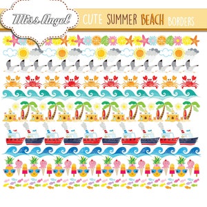 Digitale Sommer Borders Clip art. Strandbordüren. Kommerzielle Nutzung. Sandburg, Krabbe, Palme, Boot, Fisch. Wimpelkette für die Sommerparty
