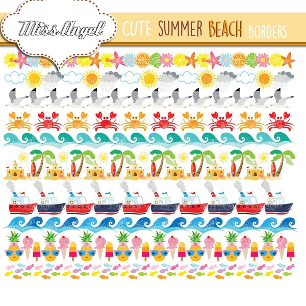 Digital Summer Borders Clip art. Beach borders. Small Commercial Use. Sandcastle, crab, palm tree, boat, fish. Summer party bunting banners