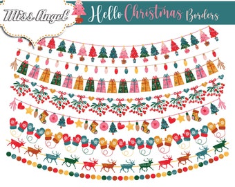 Weihnachtsgirlande Clipart. Digitale Weihnachtsrahmen Clip Art. Kommerzielle Nutzung. Rentiere, Geschenke, Bäume. Rot, Grün, Gelb