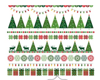 Digital Christmas borders clipart. Small Commercial Use. Green Red Christmas bunting banners.  Reindeer, Trees, Snowflakes. Christmas party