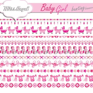 Baby Girlanden Clipart. Digitale Baby Girlanden Girlanden. Rosa Bordüren Baby Girl Bänder. Kinderwagen, Schnuller, Blumen. Baby-Dusche-Party Dekor