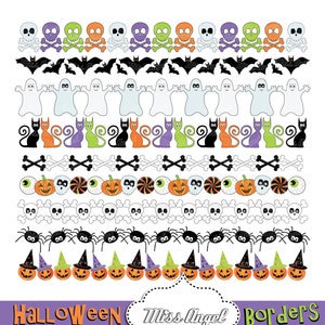 Halloween grenst aan Clipart. Digitale Halloween-banners. Digitale linten voor Halloween-feest. Schedel, spin, spook, pompoenen, kat, vleermuis, botten.