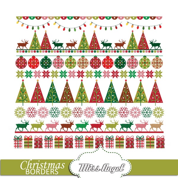 Christmas Borders clipart, Red Green Pink. Small Commercial Use. Reindeer, Trees, Snowflakes, Gifts. Digital Christmas bunting banners