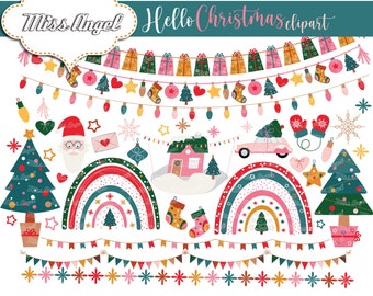 Christmas clipart. Christmas borders. Cute digital Christmas clip art, bunting banners. Santa, tree, gifts clipart PNG. Small Commercial Use