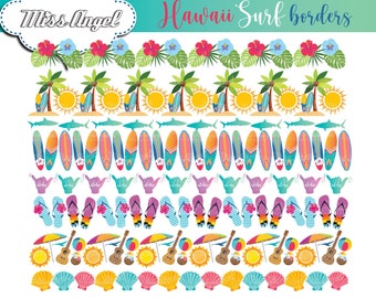 Hawaii Surf Borders Clipart. Summer Digital ribbons, Tropical Surf banners, beach borders. Surfboard, hibiscus, flip flops, shell, palm tree