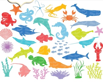 Sea creatures clip art. Digital Sea animals' silhouettes. Printable under the sea clipart bundle. Sea life creatures' digital clipart.