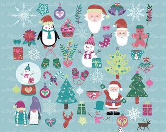 Christmas Christmas clipart. Digital Christmas clipart bundle. Small Commercial Use. Trees, Snowflakes, stocking, mittens, snowman, Santa