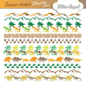 Imágenes prediseñadas de bordes digitales de dinosaurios. Uso comercial pequeño. Naranja, verde, marrón. Palmeras, dinosaurios, huellas. Banderines de dinosaurios