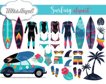 Surf Clipart. Summer Surfing Clip Art. Digital Surfboard, Palm tree, Wet suits, Bikini. Hawaii Surf gear. Hawaii surfer clipart. Beach surf
