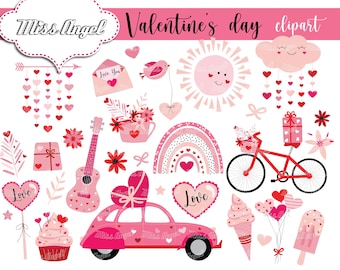 Valentine's day clipart. Digital romantic printable drawings. 29 clipart set. Rainbow, car, hearts bike, cloud. PNG bundle. Digital graphics