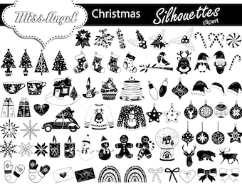 Christmas silhouettes clipart. B&W digital Christmas clip art bundle. Small Commercial Use. Trees, Snowflakes, jumper, stocking, Black white