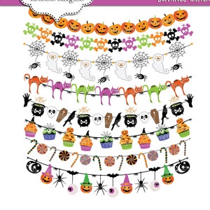 Halloween gors banners clipart. Halloween grenst aan illustraties. Digitale Halloween-linten, slingers. Pompoen, schedel, geest, graf, cupcake